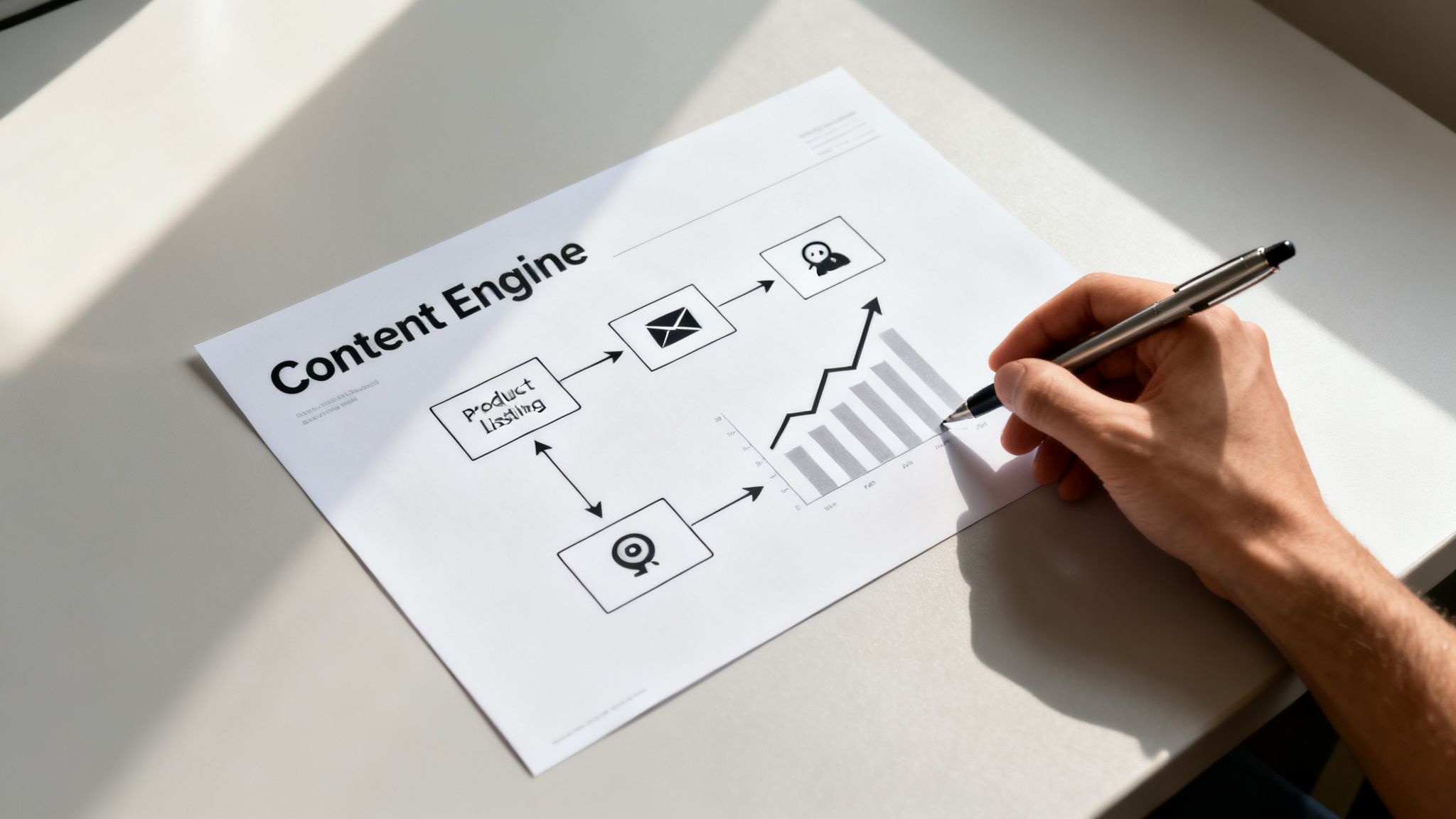 A person's hand writing on a document outlining a content engine strategy with a flowchart and growth chart.