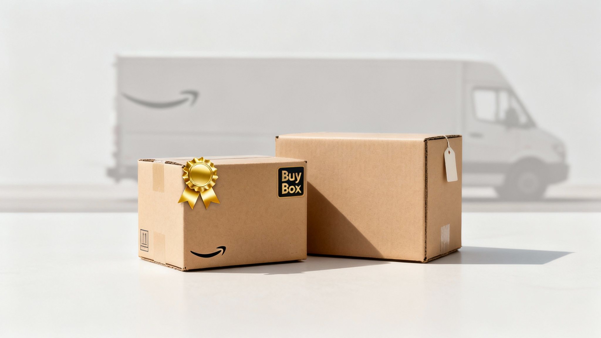 A warehouse employee scans a package with the Amazon Prime logo visible on the box, symbolizing fast fulfillment.