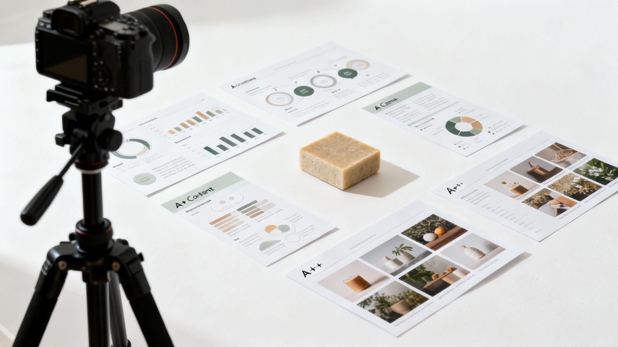 Product photography setup with a camera, tripod, natural soap bar, and marketing content sheets.
