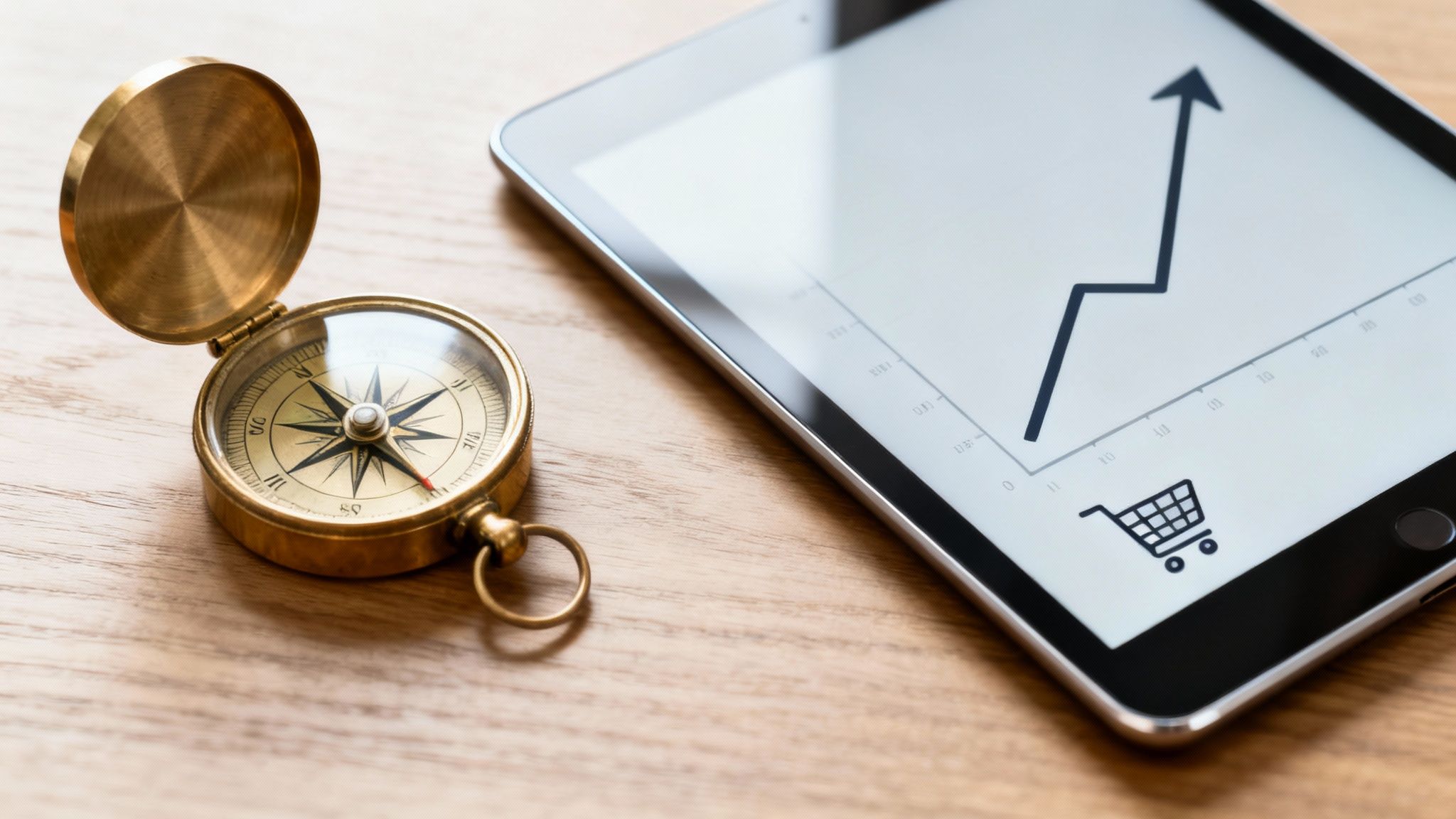 An antique brass compass guides a tablet displaying a rising e-commerce sales graph.