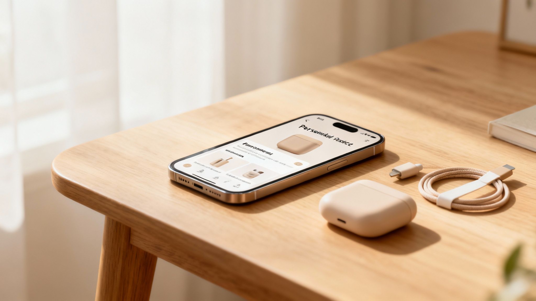 An iPhone displaying an e-commerce app, next to beige wireless earbuds and a charging cable on a wooden table.