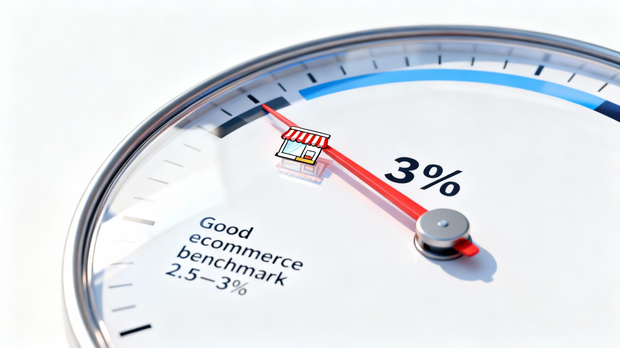 A gauge showing a 3% ecommerce conversion rate, highlighted as a good benchmark range.