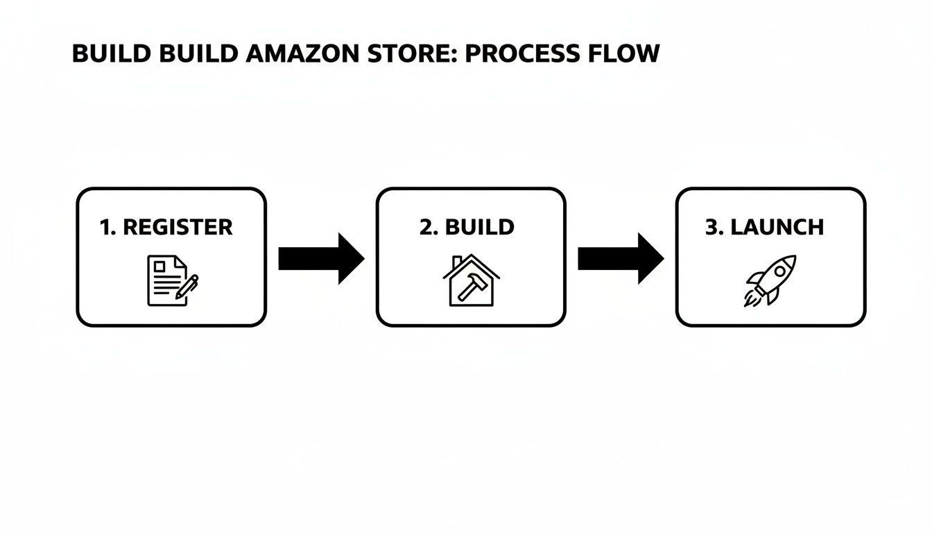 A clear process flow diagram outlining three steps to build an Amazon store: Register, Build, Launch.