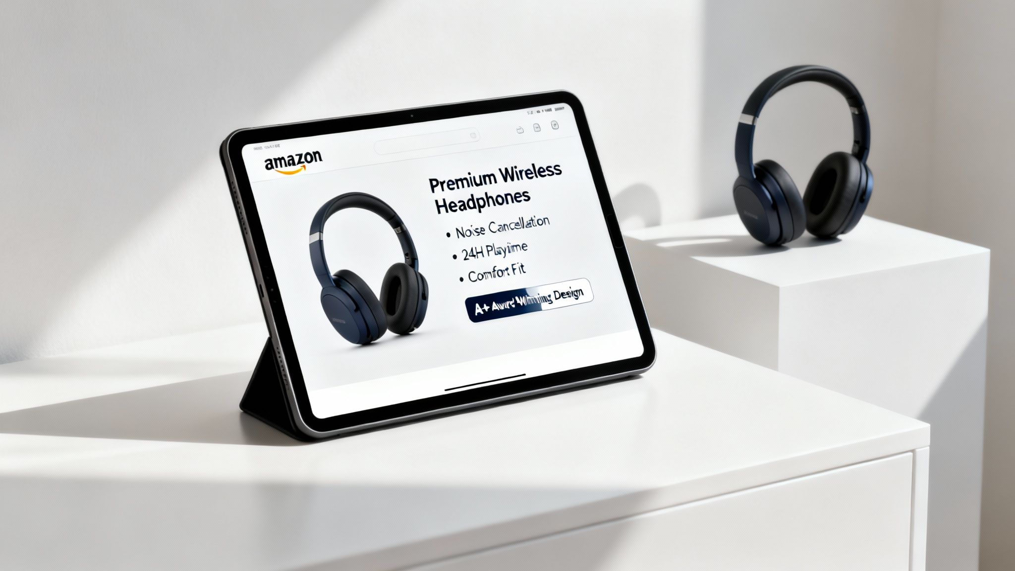 A tablet on Amazon displays premium wireless headphones with a physical pair on a white cube.