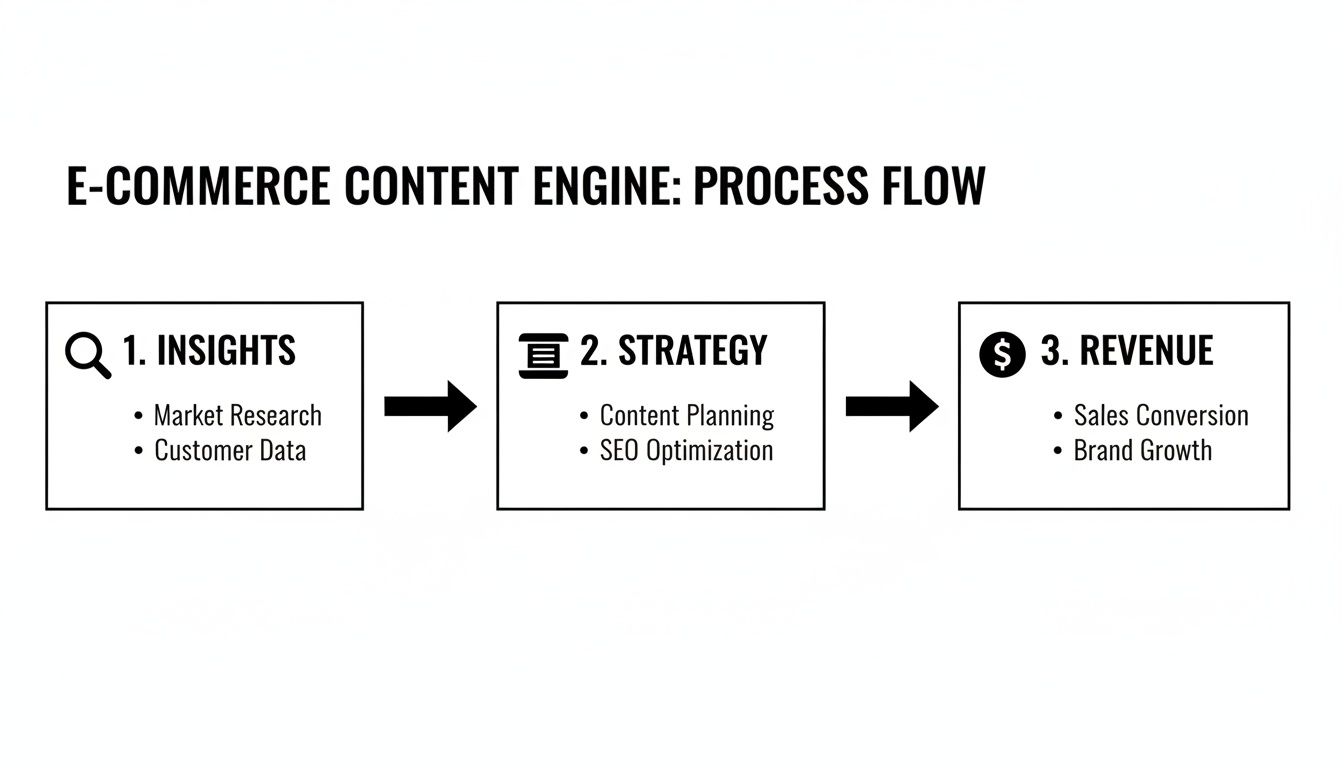 E-commerce content engine process flow, detailing steps from insights to revenue generation.
