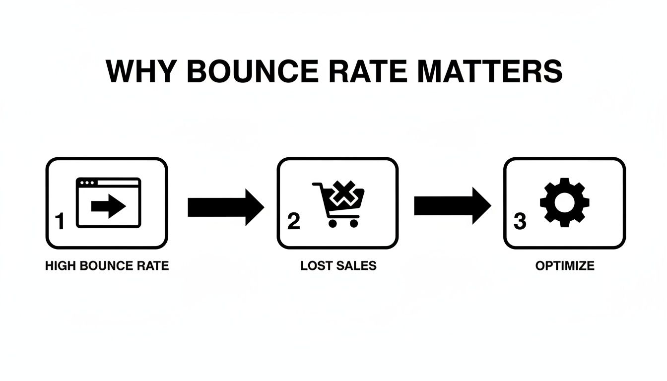 Diagram explaining why high website bounce rate matters, showing it causes lost sales and requires optimization.