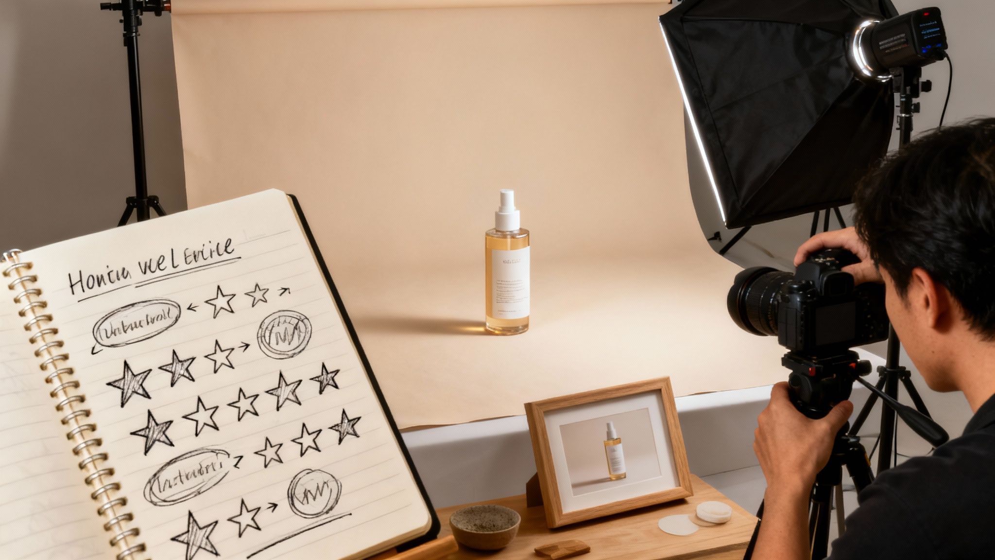 A photographer capturing a product shot of a cosmetic spray bottle in a studio setup.