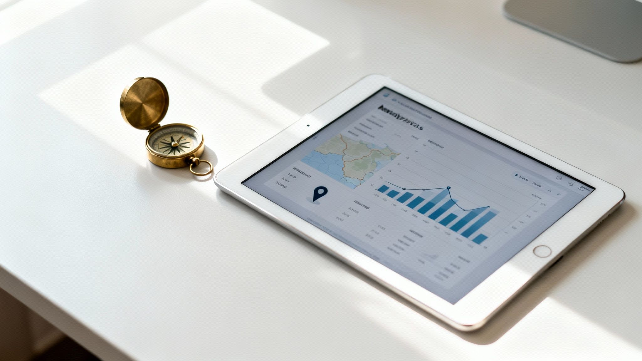A brass compass and a tablet displaying data analytics charts and a map on a white desk.