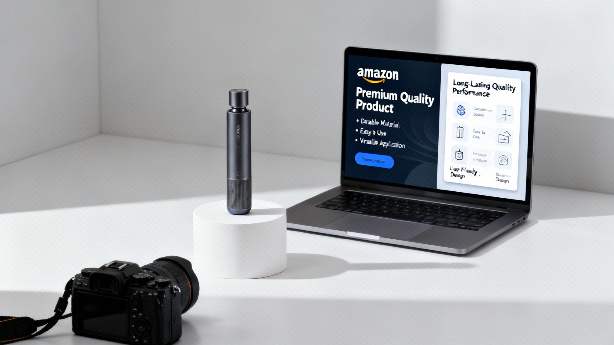 A professional product photography setup with a camera, lights, and the product on a clean background.