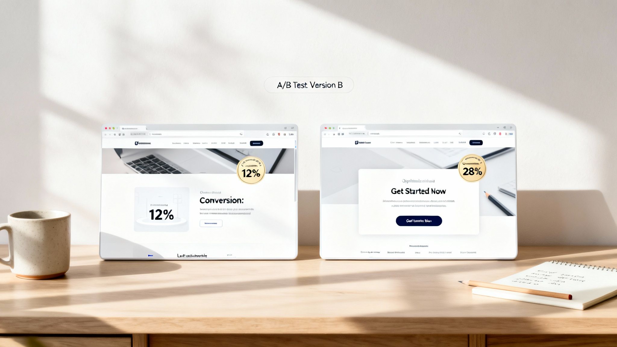 Two laptop screens display an A/B test, showing website versions with 12% and 28% conversion rates.
