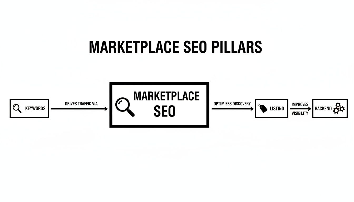 Flowchart illustrating marketplace SEO pillars: keywords, listing, and backend optimization.