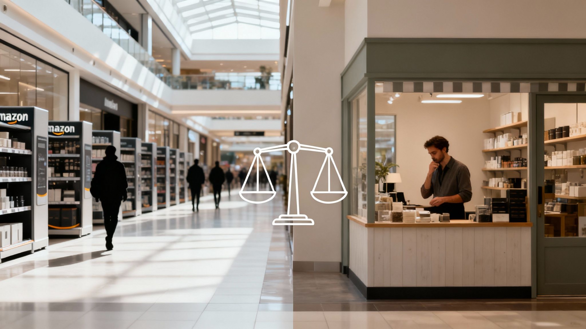 A balance scale weighing Amazon's market presence against an independent retail shop.