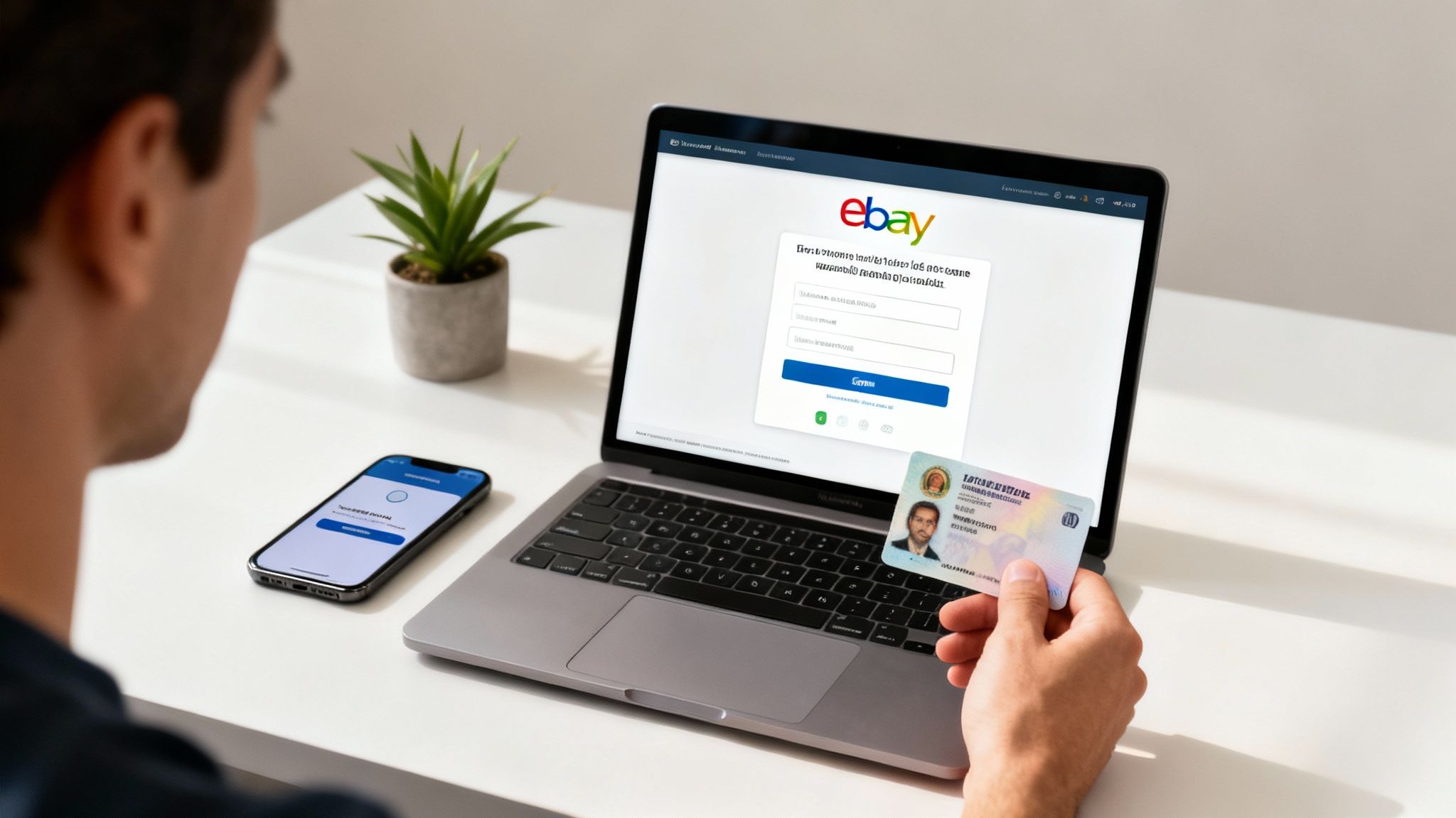 A person holds an ID card while using a laptop with the eBay login page.