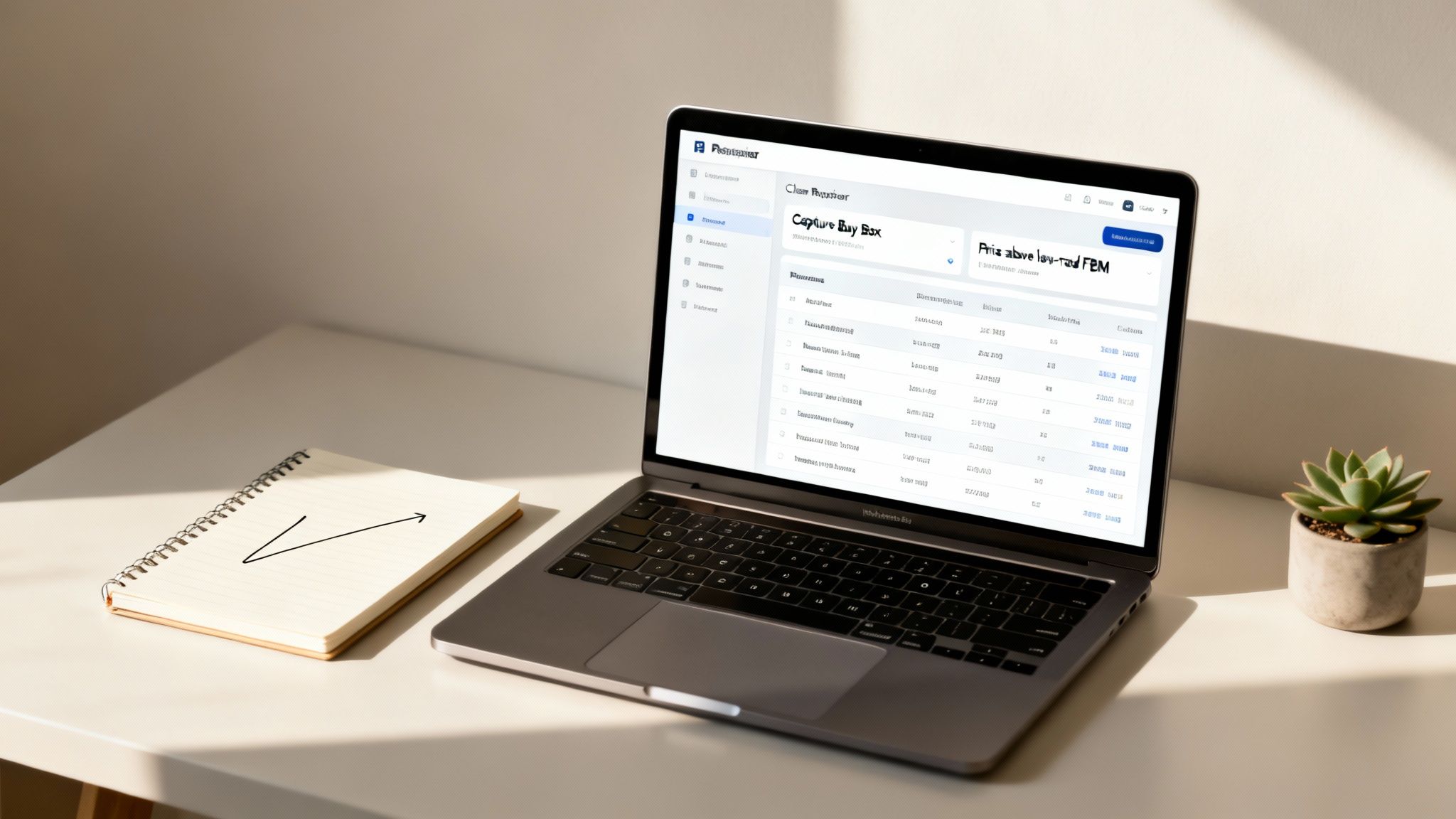 Laptop displaying Amazon pricing strategy software next to a notebook and succulent on a desk.