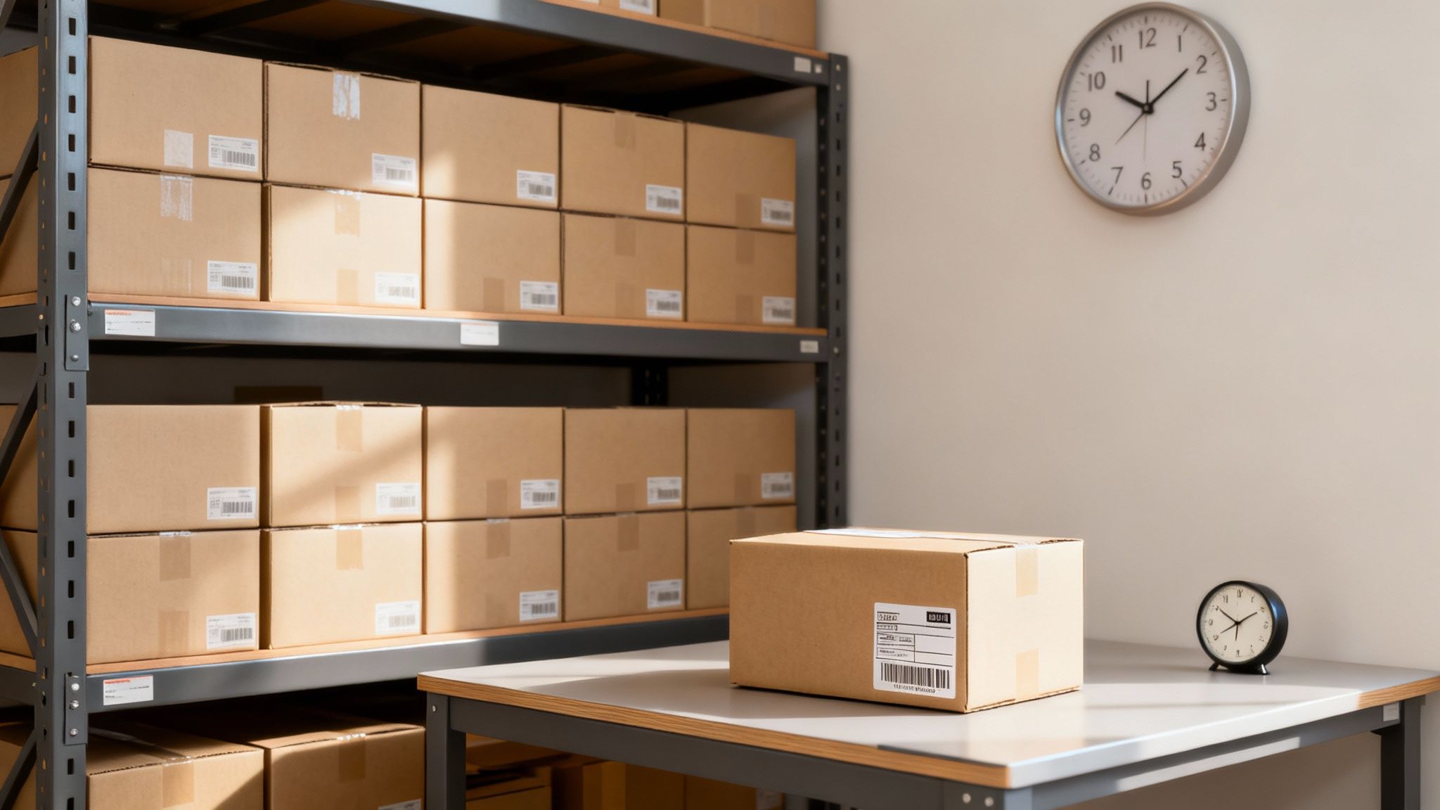 A clean warehouse with gray shelves filled with many labeled cardboard shipping boxes, a desk, and two clocks.