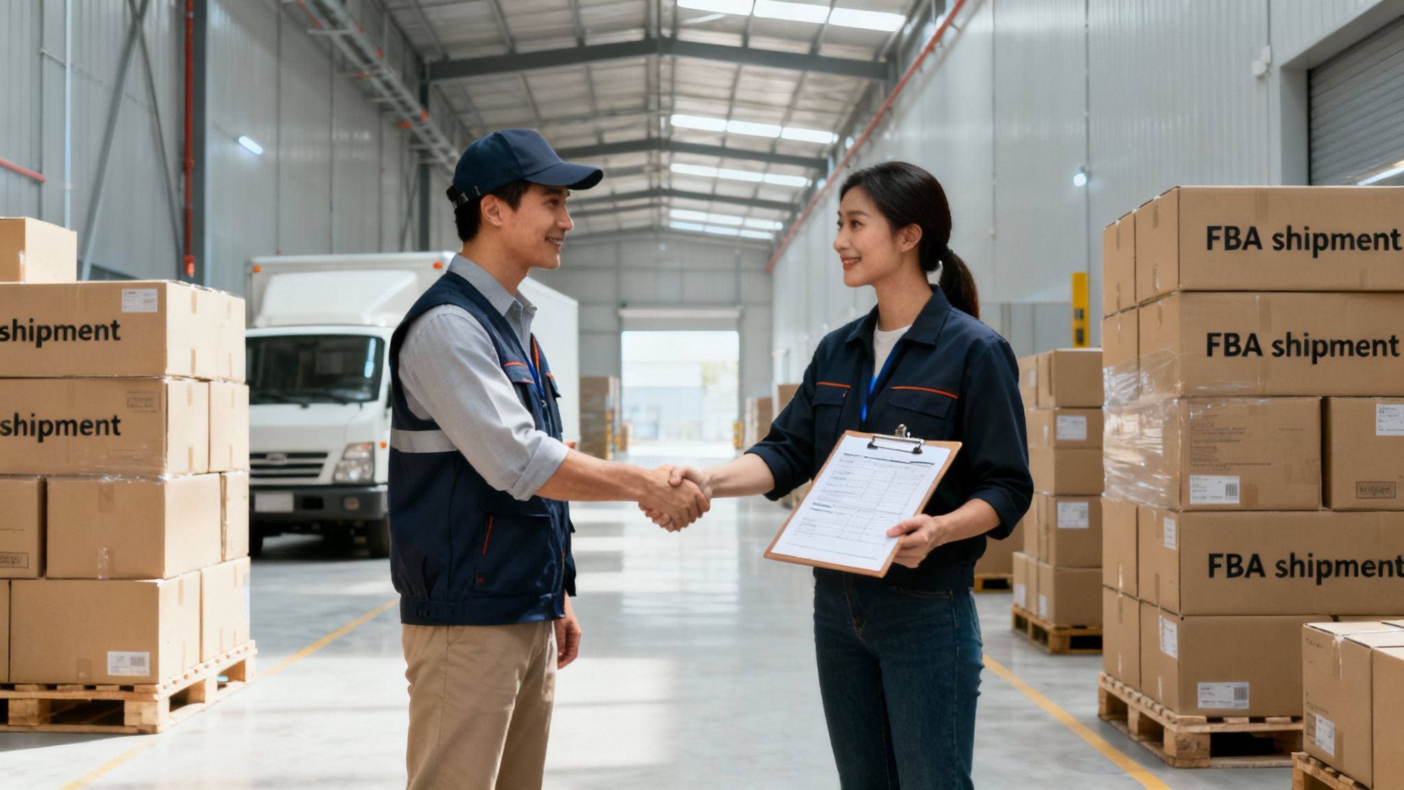 Logistics professionals shaking hands in a warehouse with FBA shipment boxes and a truck.