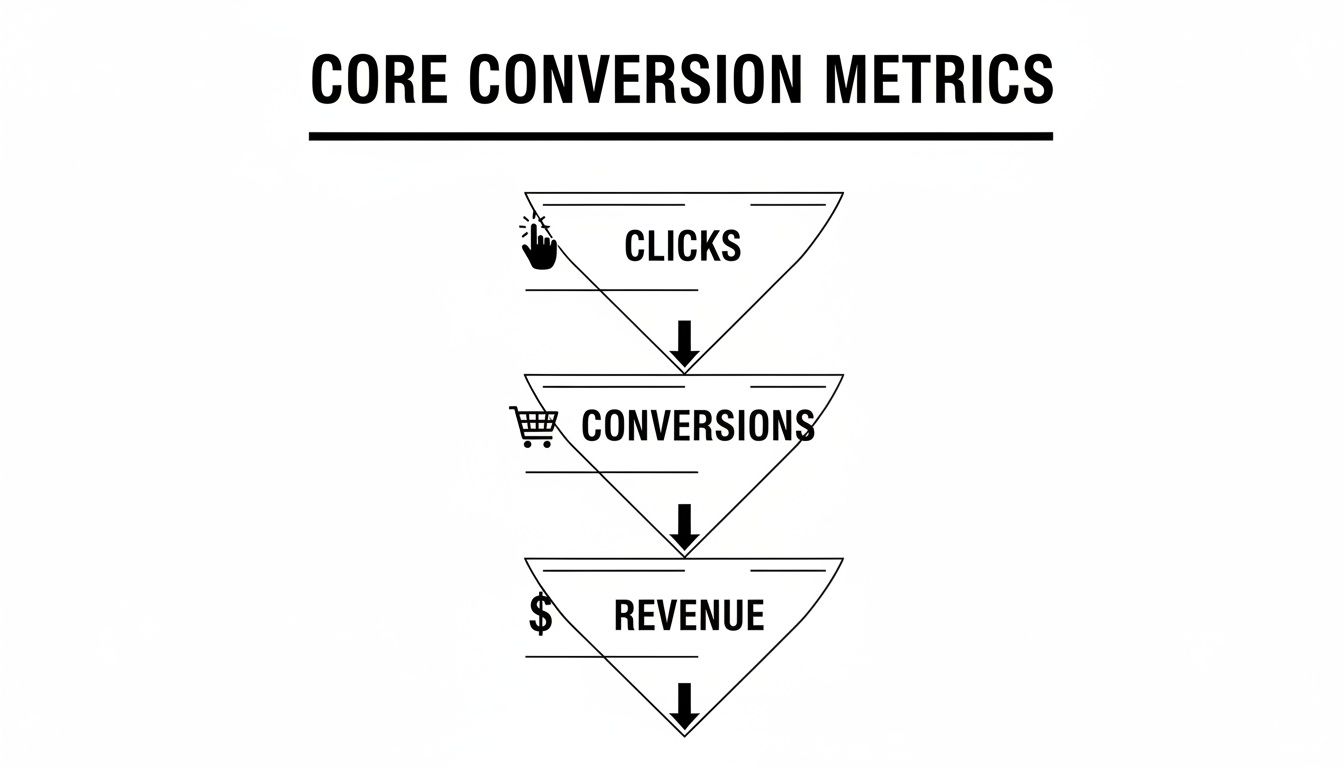 A marketing funnel diagram illustrating core conversion metrics: clicks, conversions, and revenue flow.
