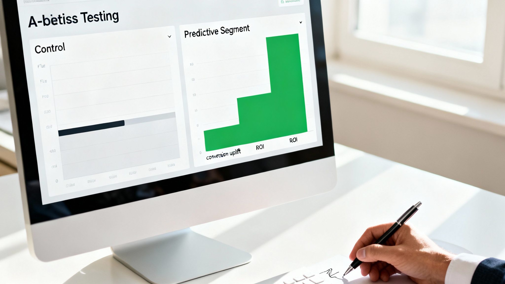 A person's hand writes while a computer screen displays 'A-betiss Testing' dashboard with predictive analytics charts.