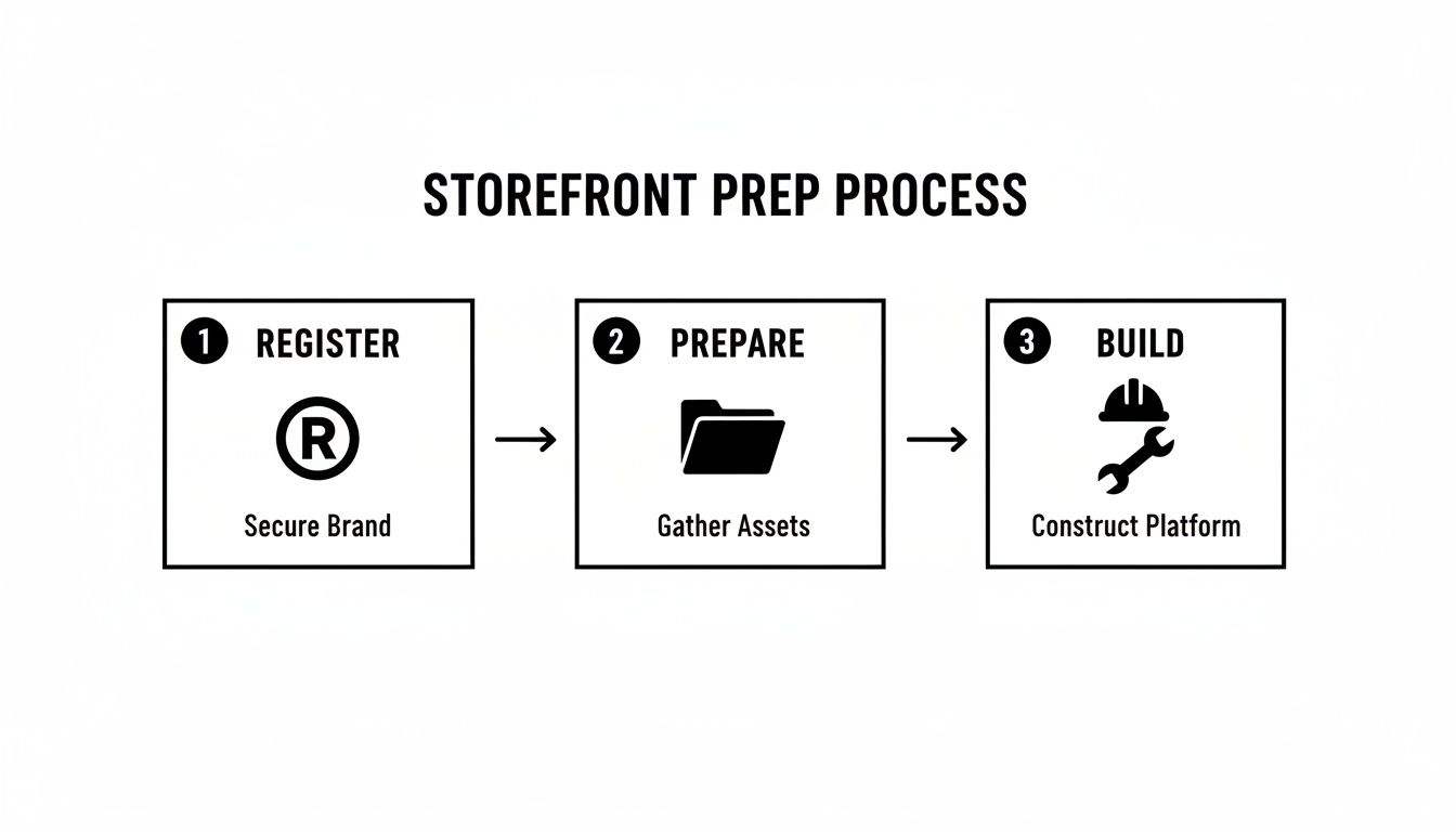 Infographic showing a three-step storefront preparation process: Register, Prepare, and Build with icons.
