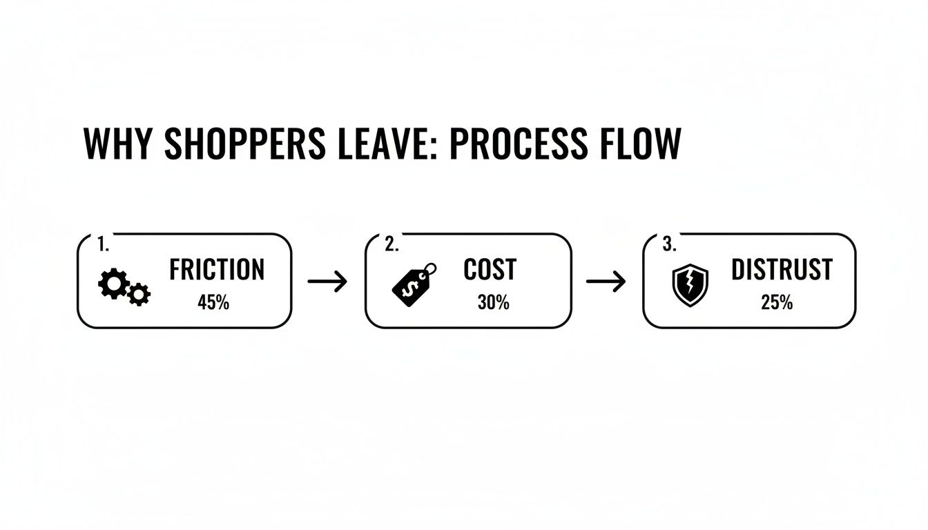 A process flow diagram explaining why shoppers leave, detailing friction (45%), cost (30%), and distrust (25%) as reasons.