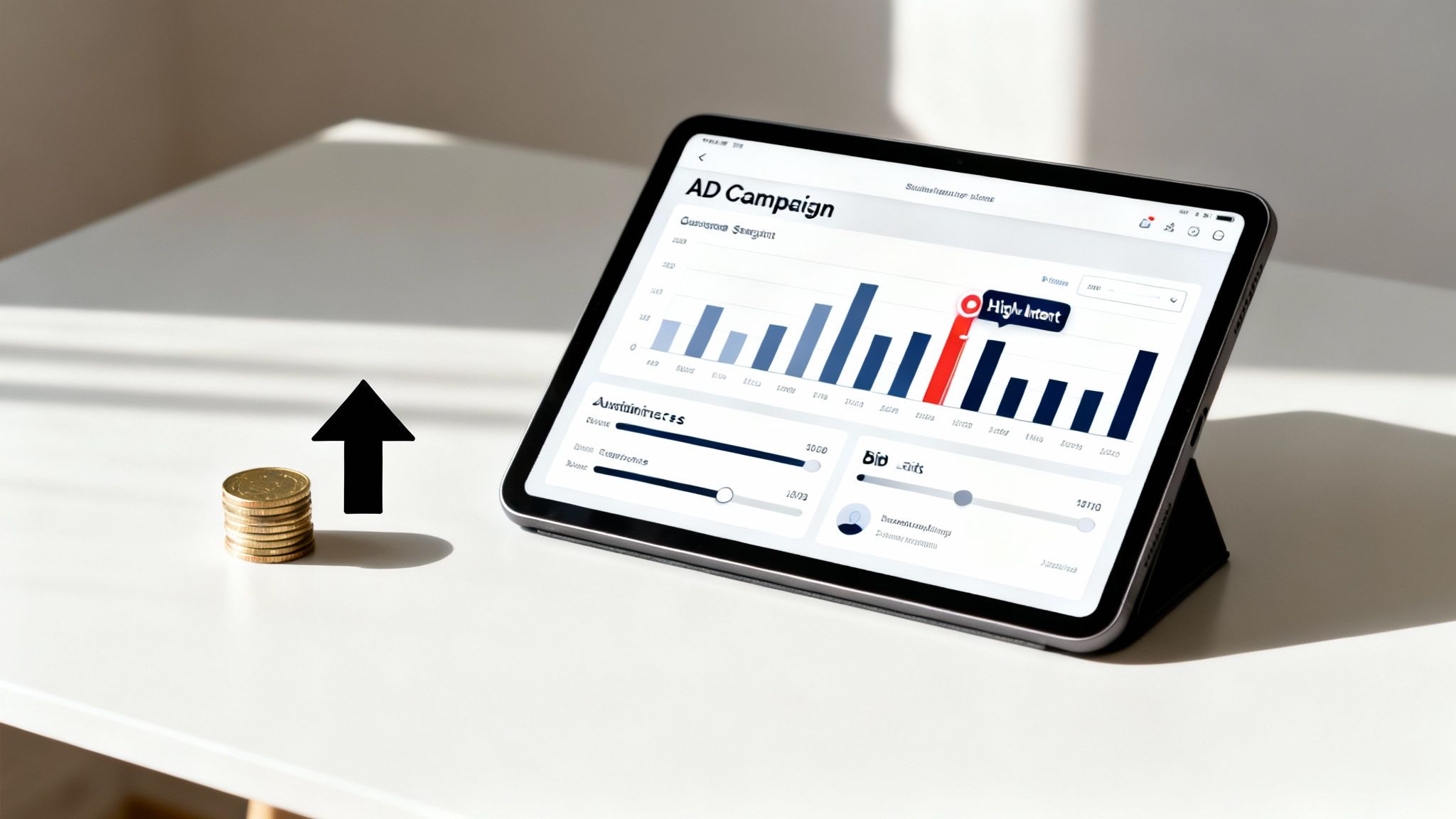Digital tablet displaying an AD Campaign dashboard with a bar chart, gold coins, and an upward arrow.