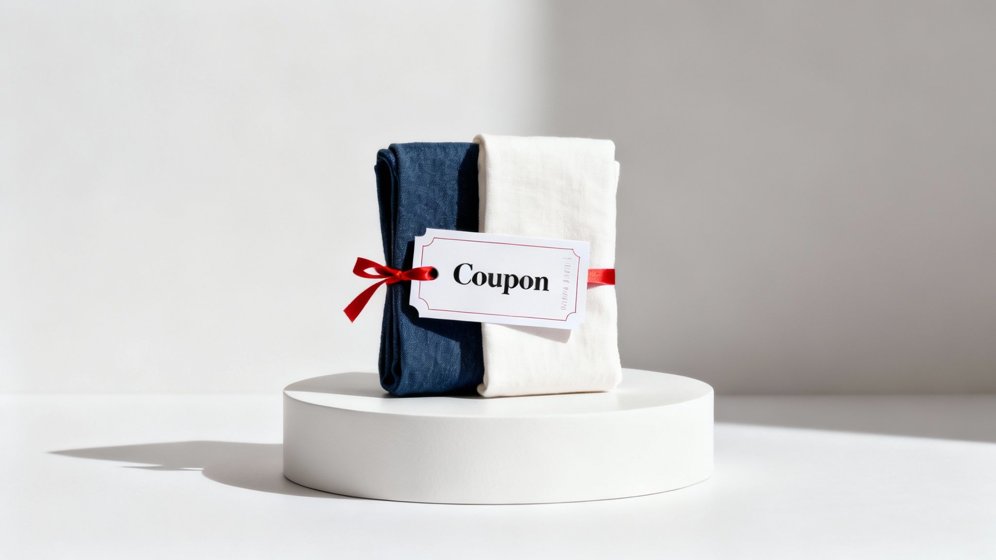 Two folded fabrics, blue and white, tied with a red ribbon and a 'Coupon' tag.