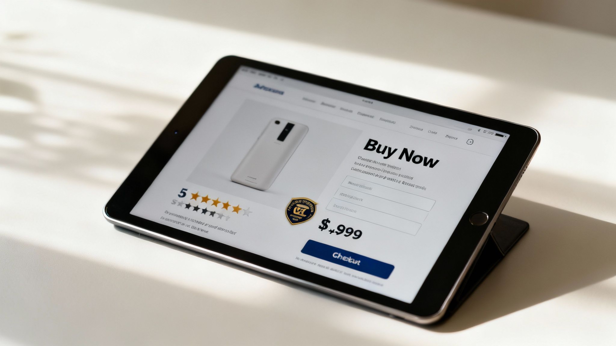 A tablet displays an e-commerce website showing a product for sale, 'Buy Now' prompt, and price.