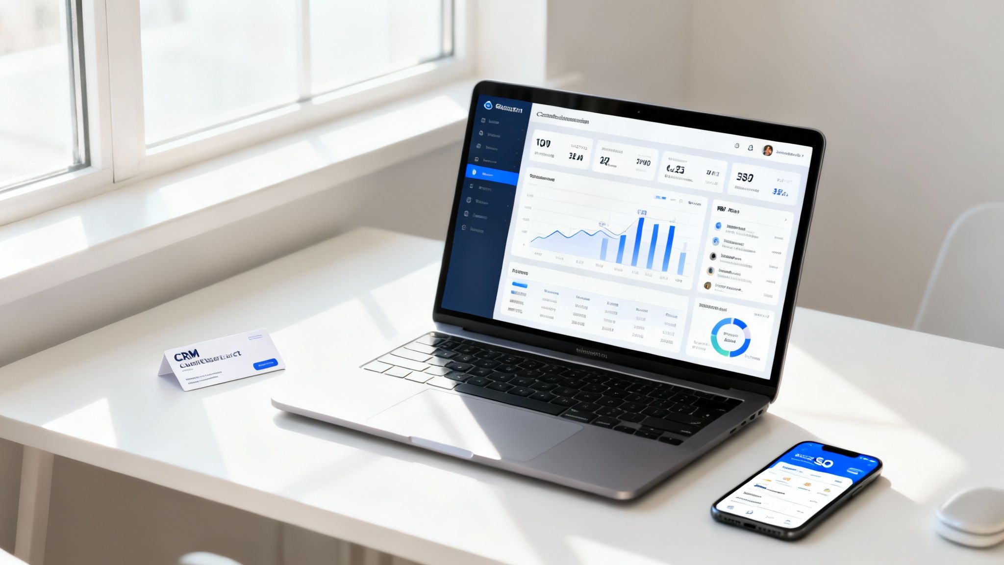 A modern workspace featuring a laptop displaying a business dashboard, a smartphone, and a CRM tent card.