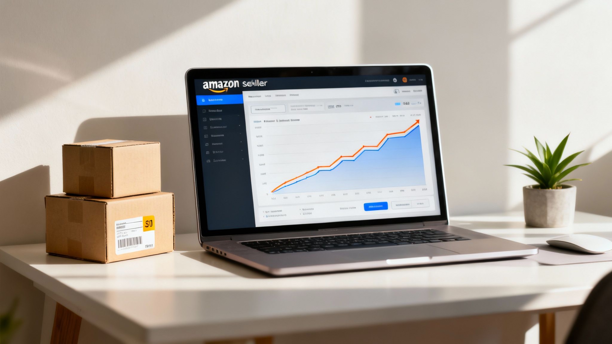 Amazon Seller dashboard on a laptop with a rising sales chart, next to shipping boxes and a houseplant.