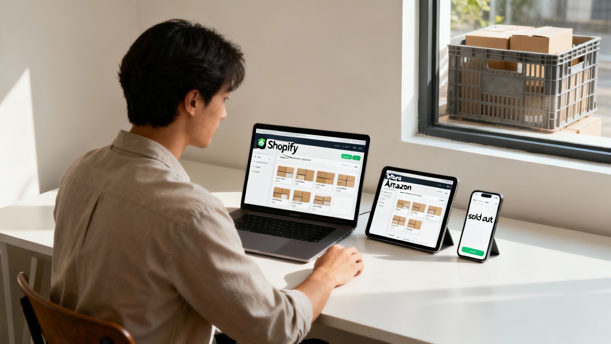 A retail worker scanning barcodes on boxes in a well-organized warehouse, representing efficient inventory management.