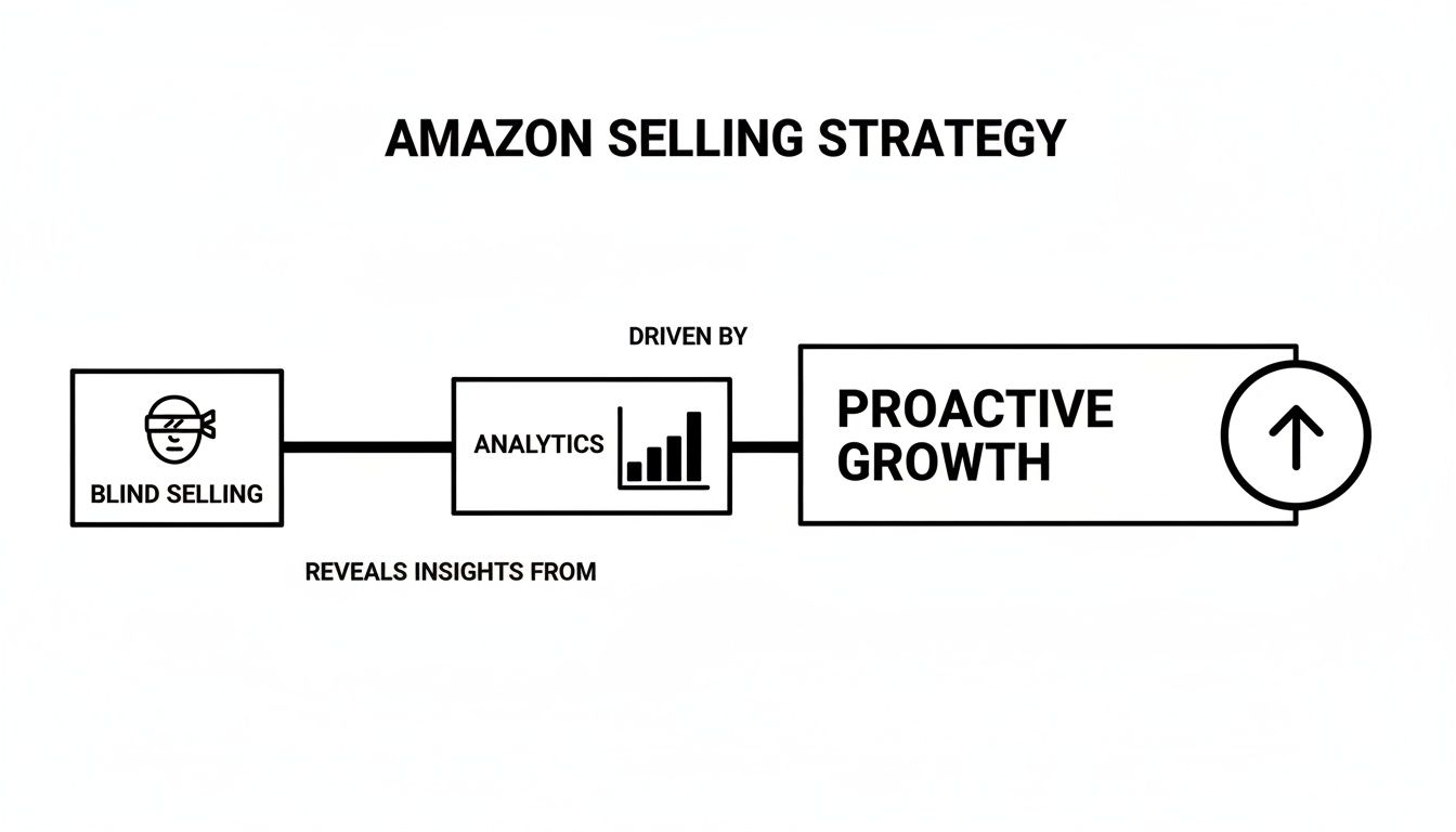 Flowchart illustrating an Amazon selling strategy from blind selling to analytics and proactive growth.