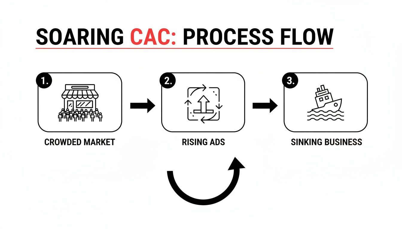 Diagram illustrating the soaring customer acquisition cost process flow: crowded market, rising ads, sinking business.