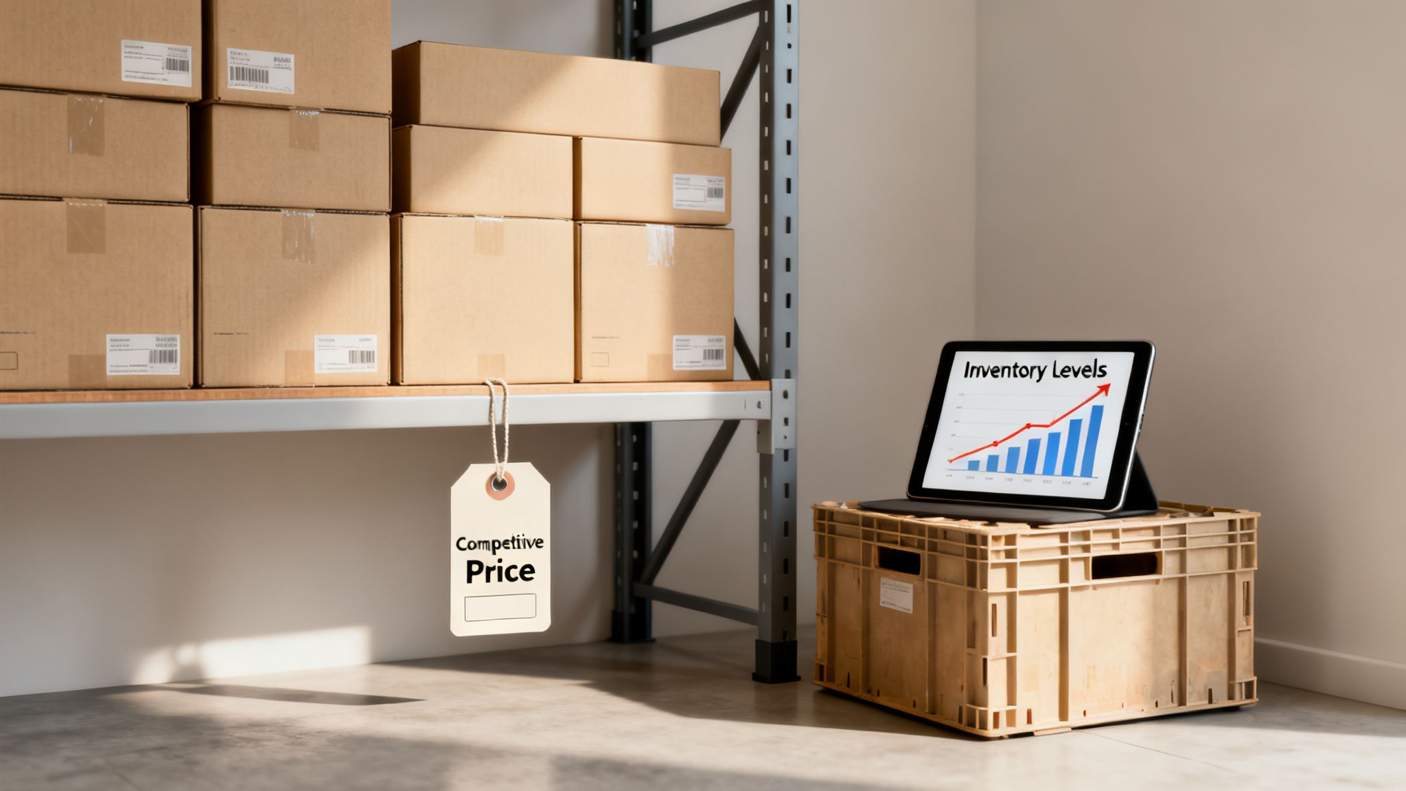 Warehouse shelf with cardboard boxes, a 'Competitive Price' tag, and a tablet showing rising inventory levels.