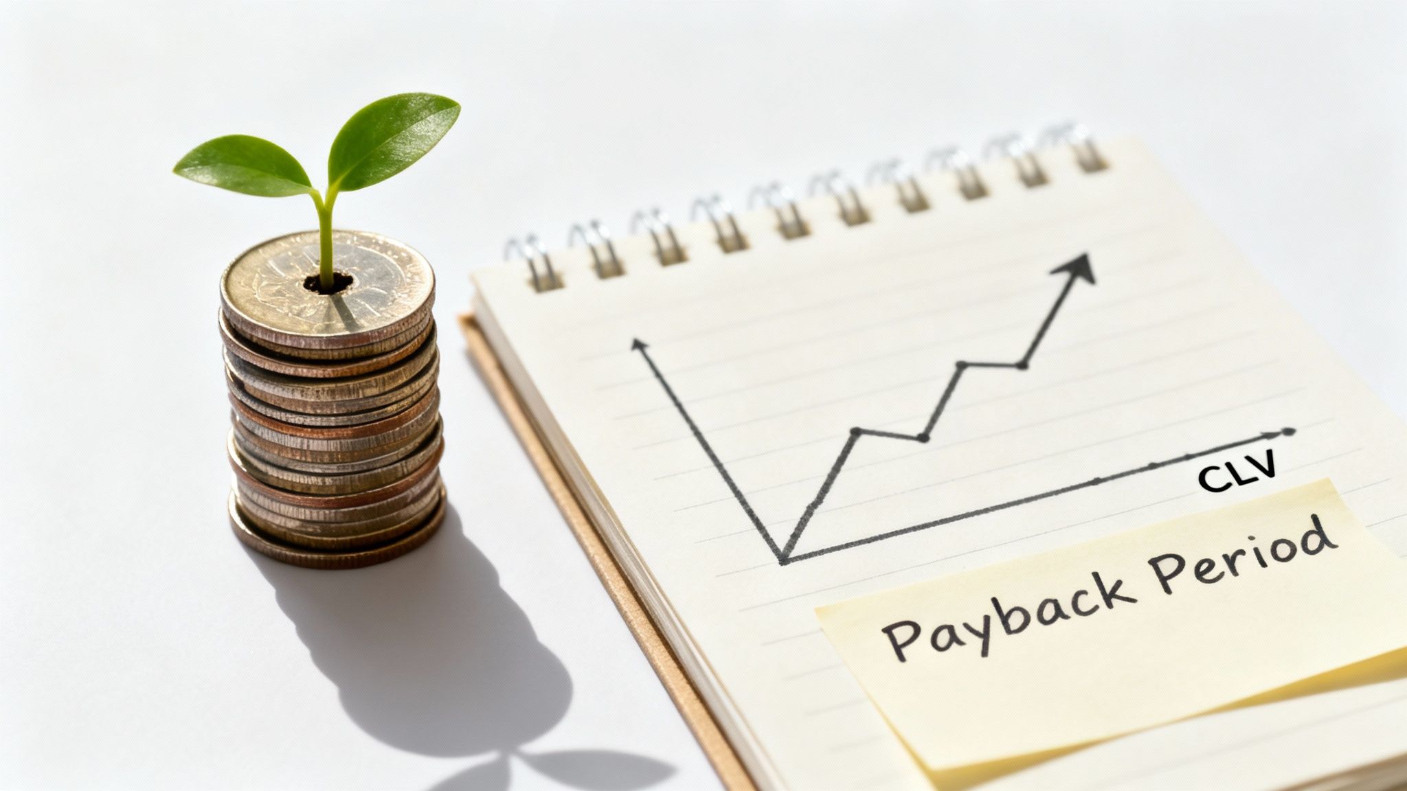 A plant growing from a stack of coins next to a notepad showing an upward graph labeled 'CLV' and 'Payback Period'.