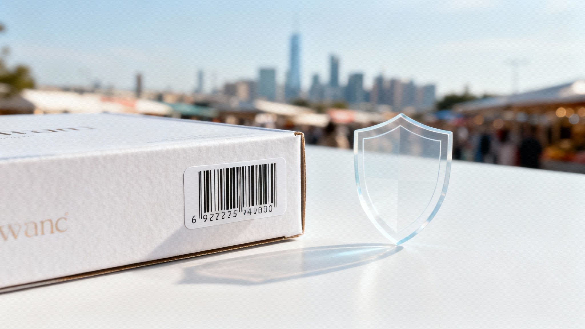 Product box with barcode and clear shield, symbolizing protection in a city market setting.