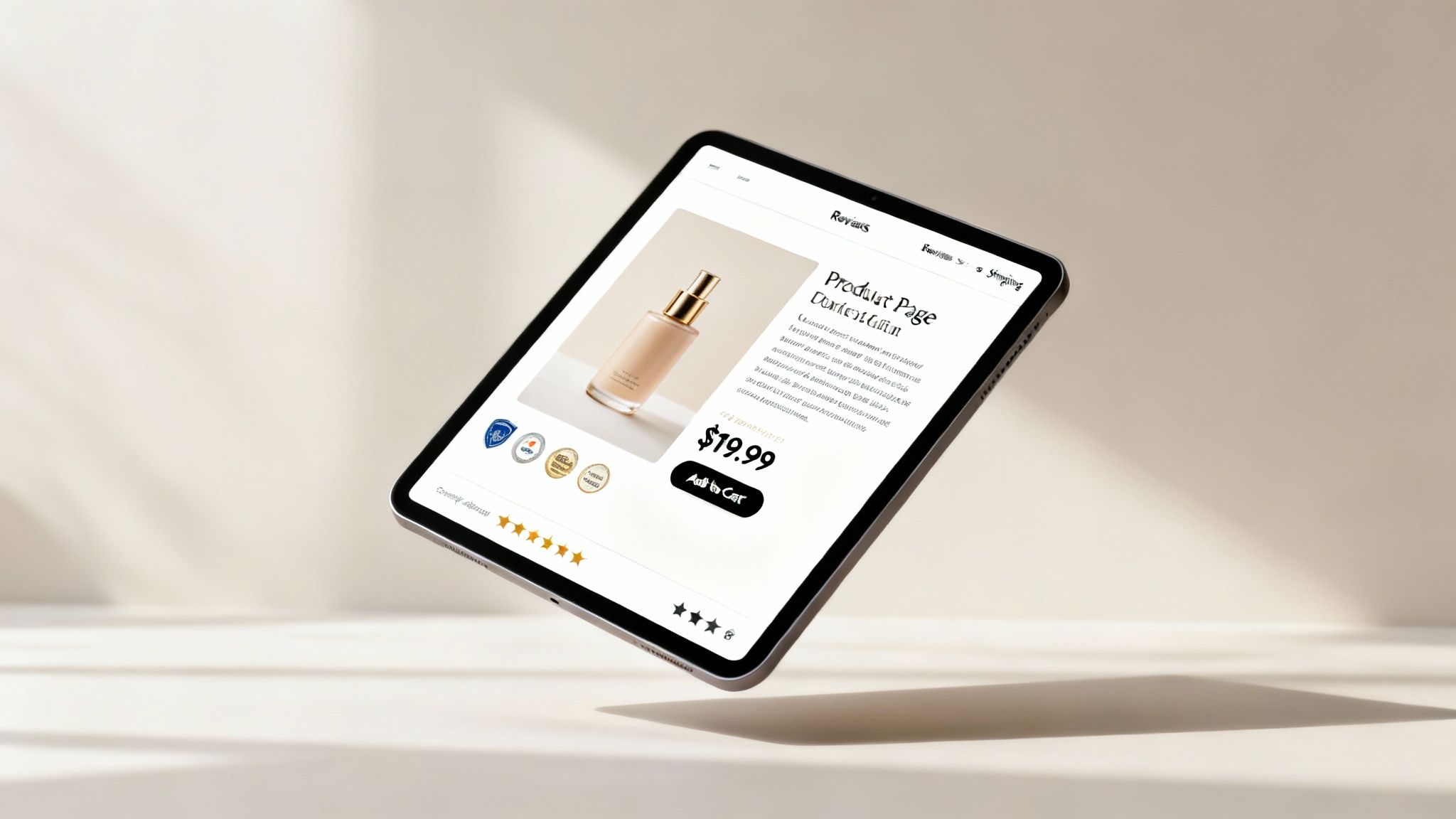 Tablet showing an e-commerce product page for cosmetic foundation, highlighting online shopping experience.