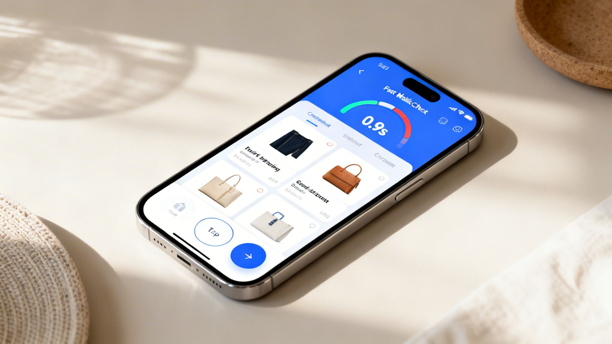 A smartphone showing a mobile commerce app with product listings and a 'Fast Mobile Check' timer.