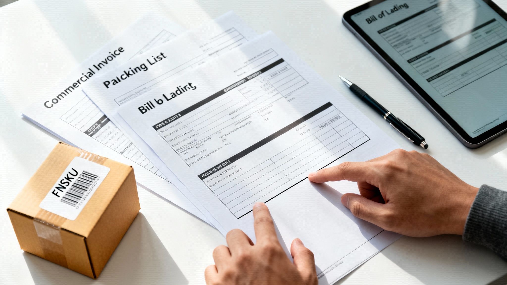 Hands reviewing shipping documents like Bill of Lading, Commercial Invoice, Packing List, with a FNSKU box and tablet.