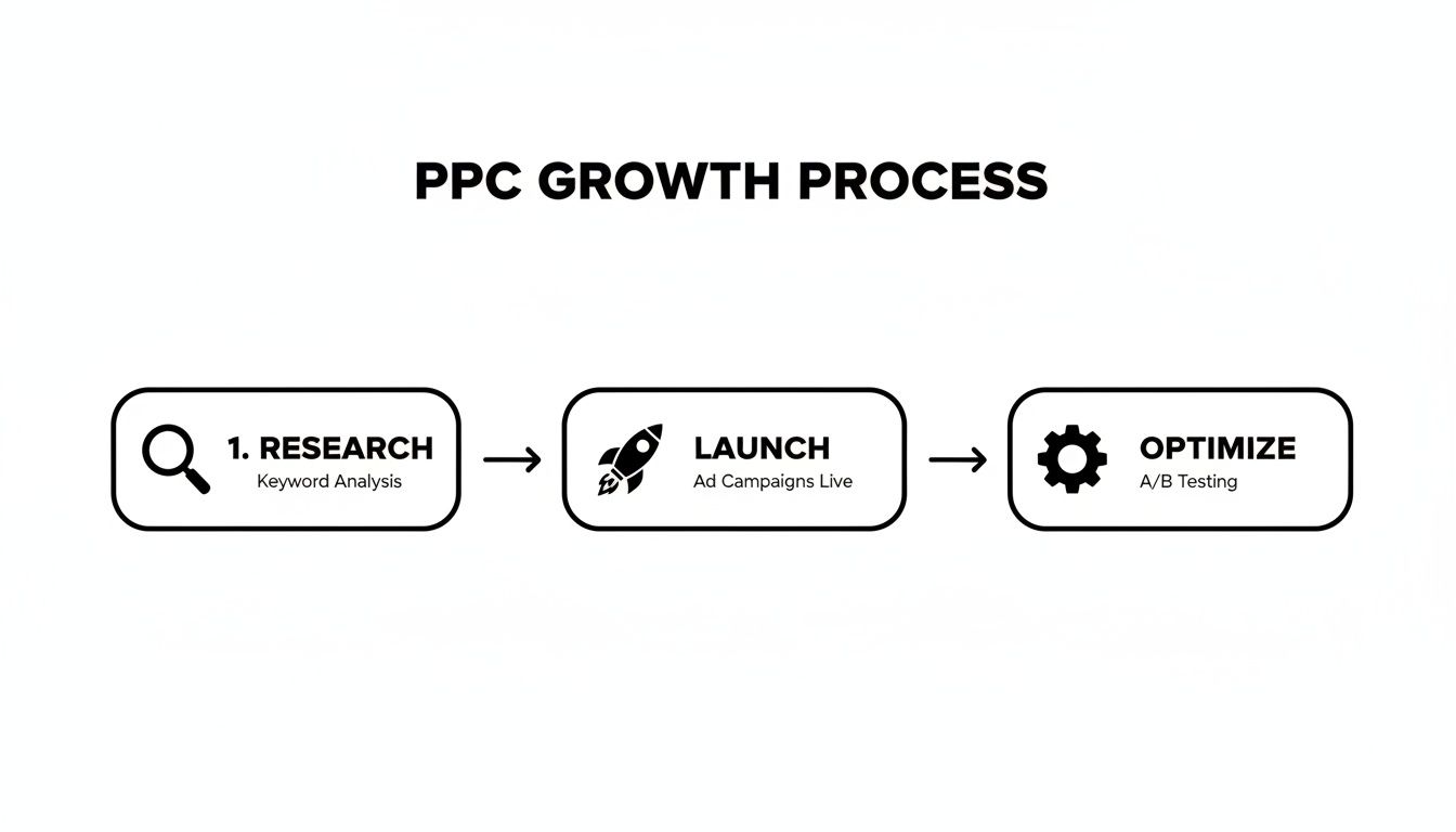 A three-step PPC growth process flowchart: research, launch, and optimize with descriptive actions.