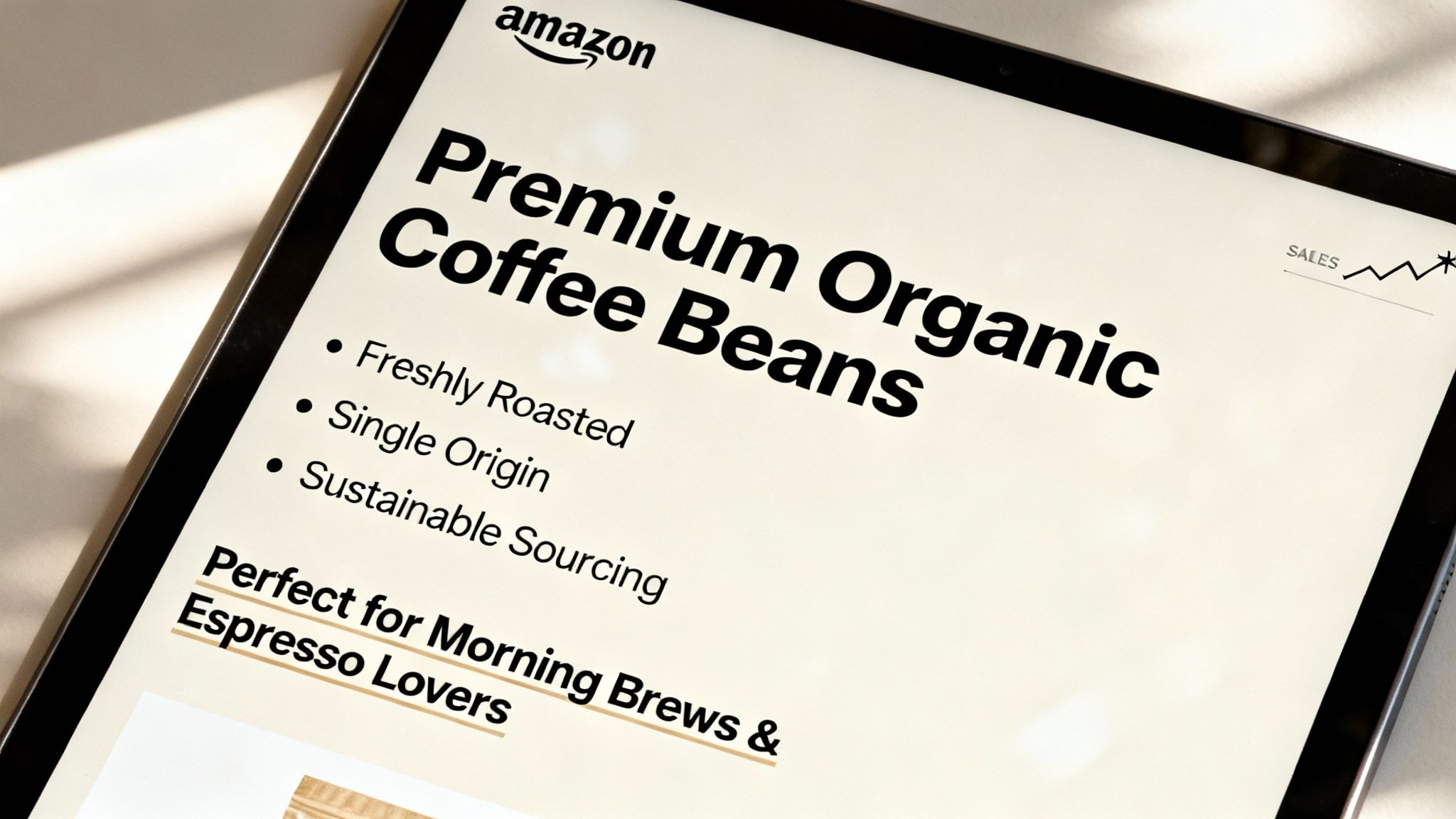 A tablet displays an Amazon product page for 'Premium Organic Coffee Beans,' listing features like 'Freshly Roasted' and 'Sustainable Sourcing'.