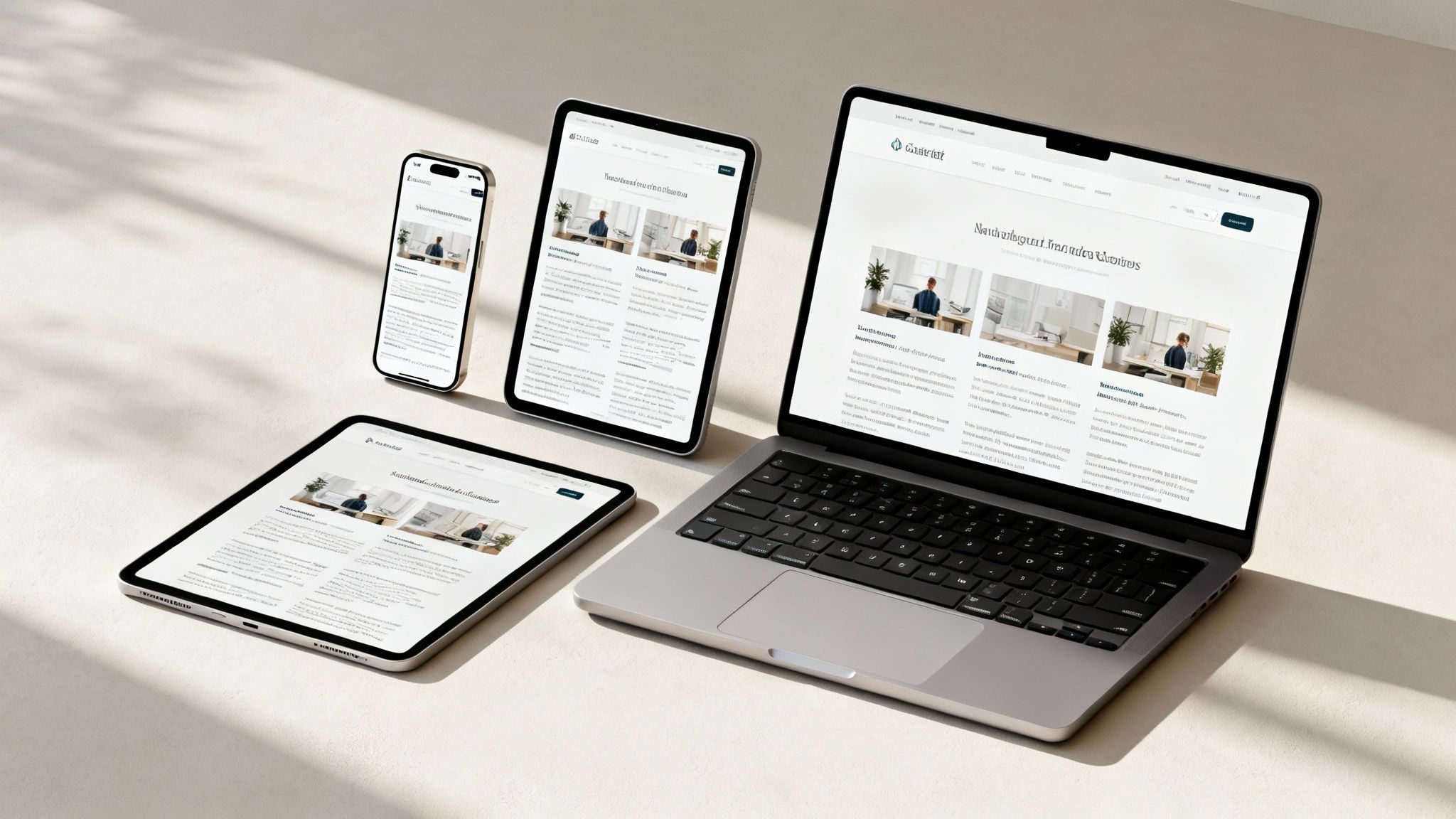 Responsive website design displayed on laptop, tablets, and smartphone showing professional business layout