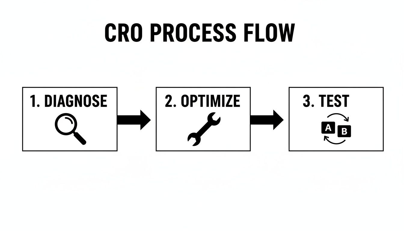 A CRO process flow diagram illustrates steps: 1. Diagnose, 2. Optimize, and 3. Test.