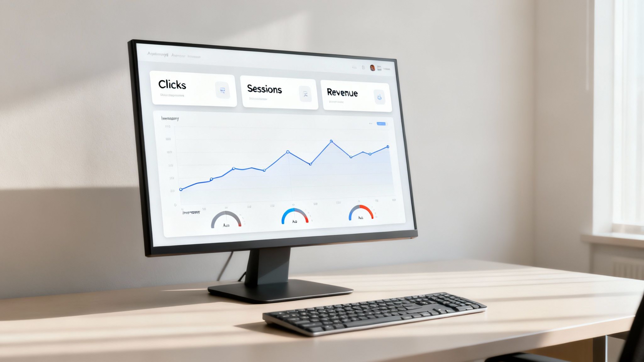 A computer monitor displays a marketing analytics dashboard with graphs for clicks, sessions, and revenue.