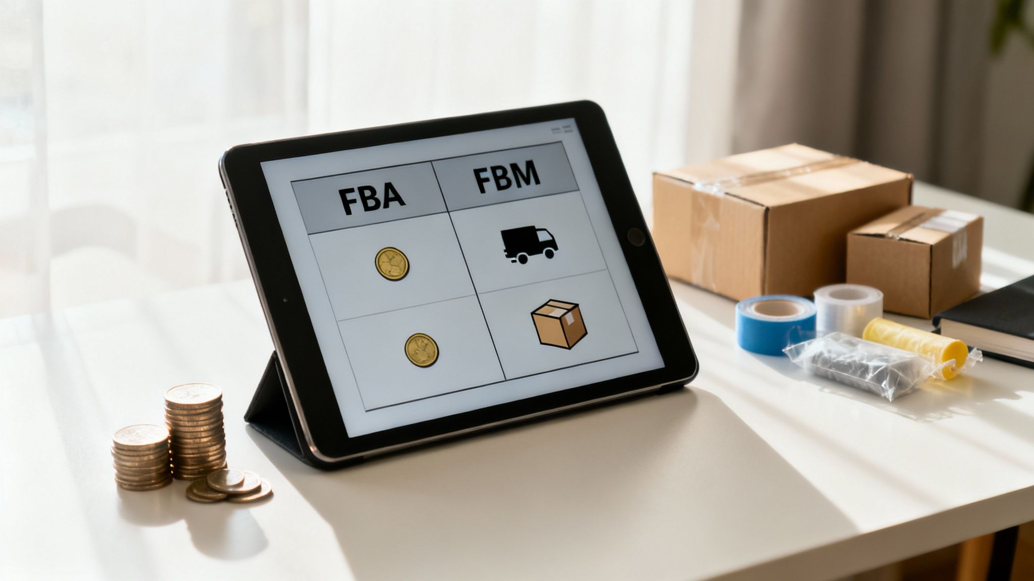 Tablet displaying FBA versus FBM comparison chart with shipping boxes and coins on desk