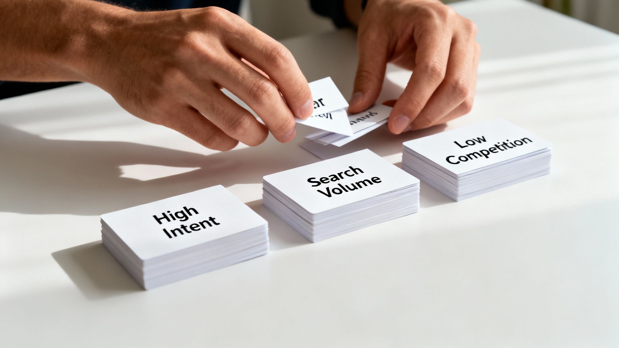 Hands sorting white cards labeled 'High Intent', 'Search Volume', and 'Low Competition' on a table.