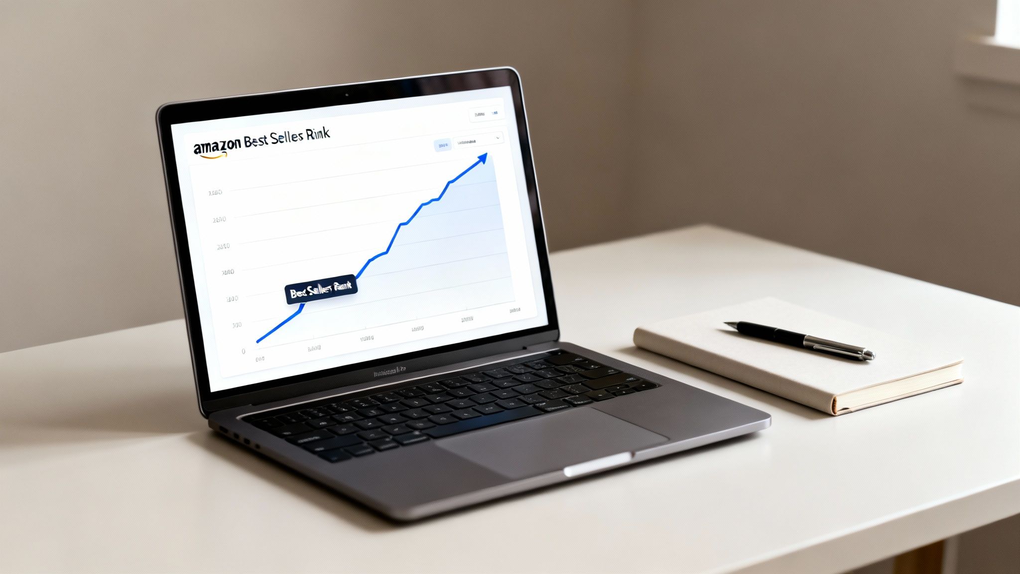 Laptop screen displays an upward trending Amazon Best Seller Rank graph on a minimalist desk.