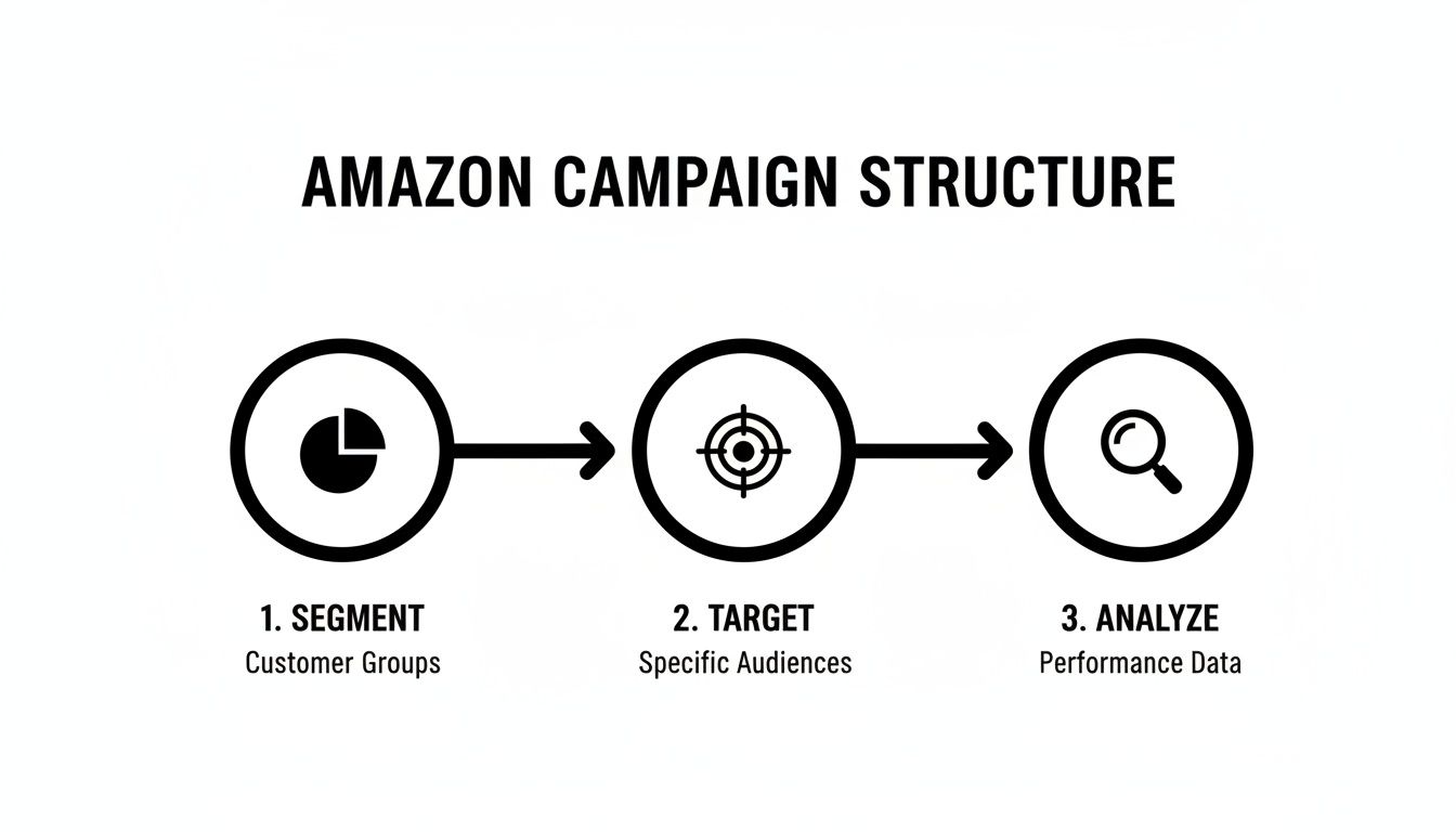 Amazon campaign structure diagram outlining three key steps: segmenting customers, targeting audiences, and analyzing data.
