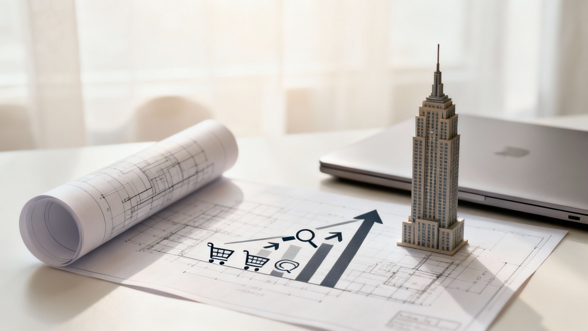 An architect reviewing blueprints for a skyscraper, symbolizing an ecommerce growth strategy.