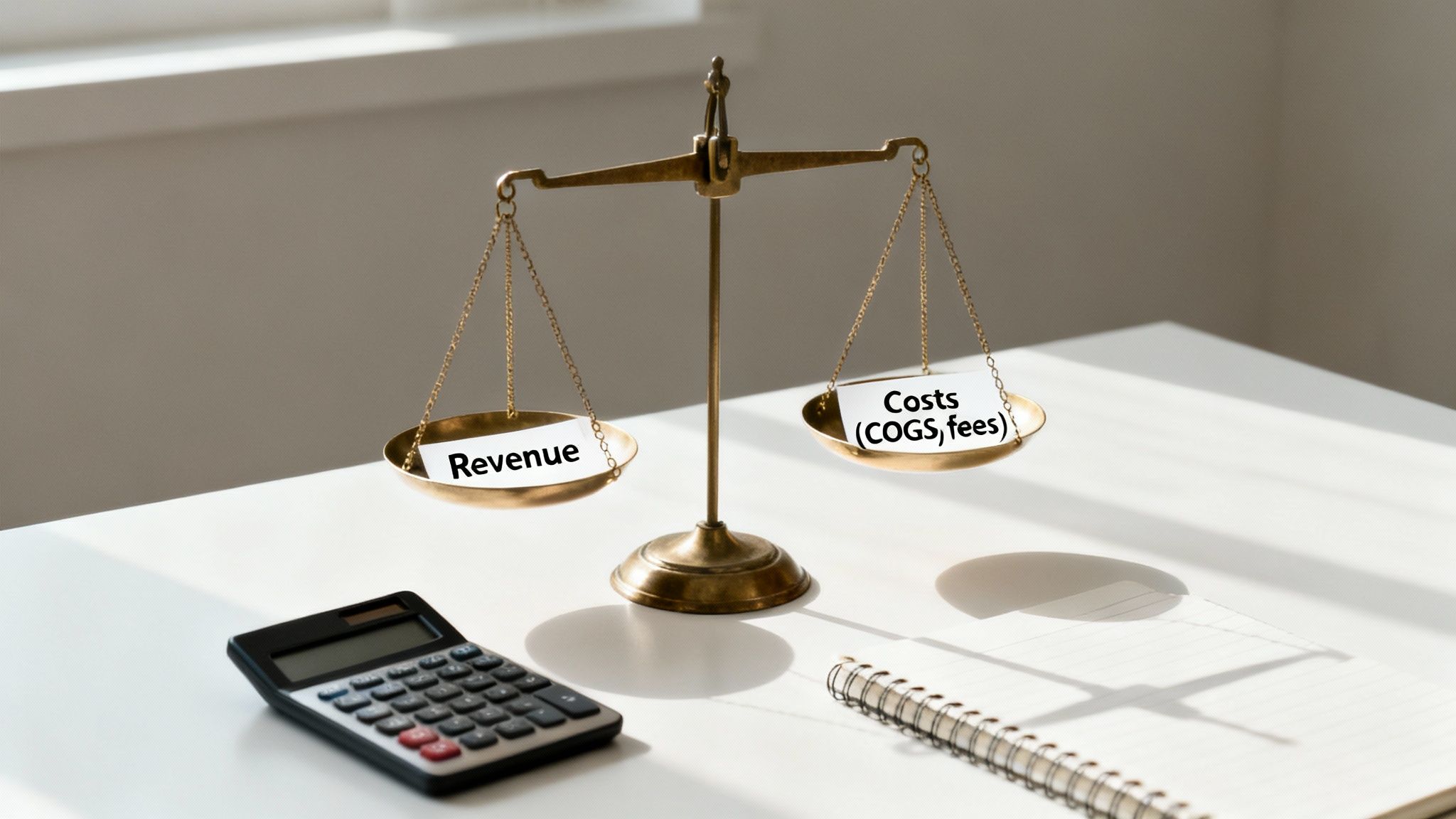 Financial balance scale illustrating the relationship between revenue and costs (COGS, fees) on a desk.