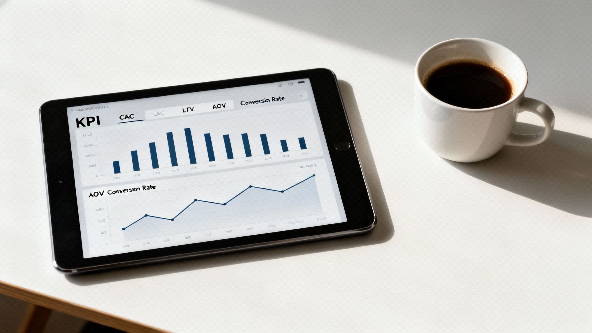 A tablet displaying business KPI charts and graphs, next to a coffee mug on a white desk.
